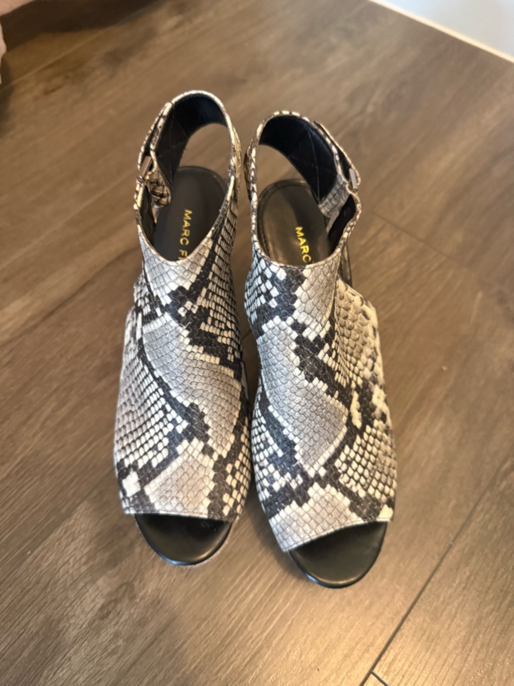 Marc Fisher Snake-Print Open Toe Slingback Heels in Gray and Black